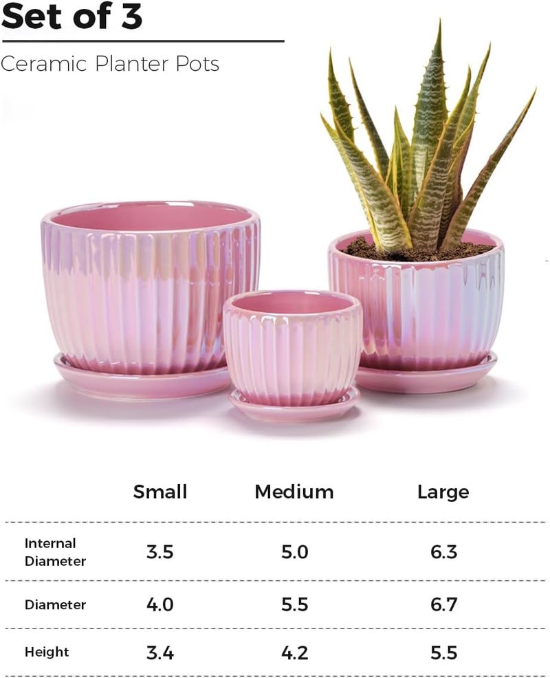 Ton Sin Pink Gold Ceramic Flower Pots, 4"+5"+6" Inch Small Glazed Succulent Planters with Drainage Hole,Modern Indoor Decorative Plant Pots Set of 3,Garden Pots with Saucer - Image 2